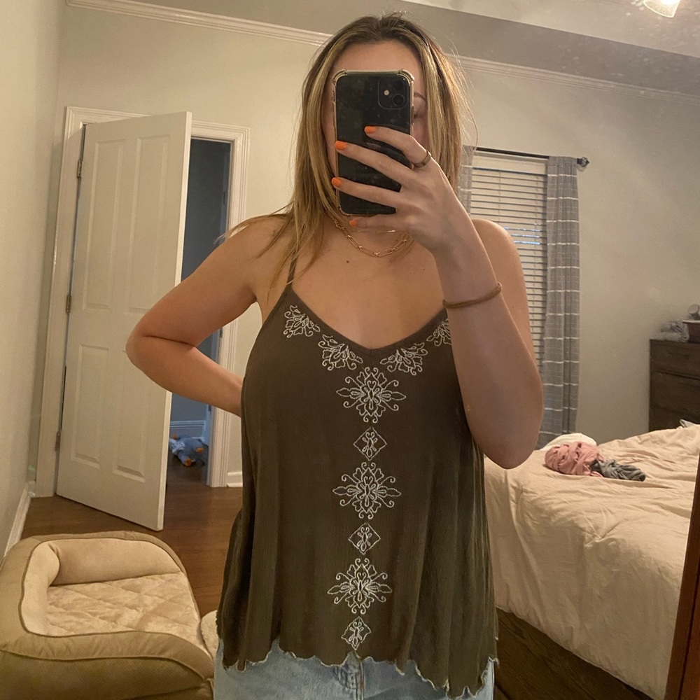 Flowy boho green open back embroidered top